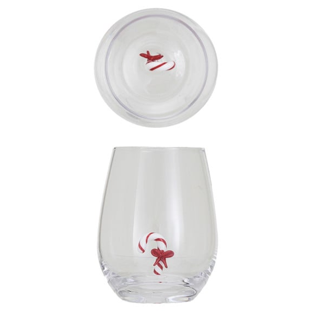 Creative Coop stemless wine glass featuring a miniature glass Candy Cane figure inside.