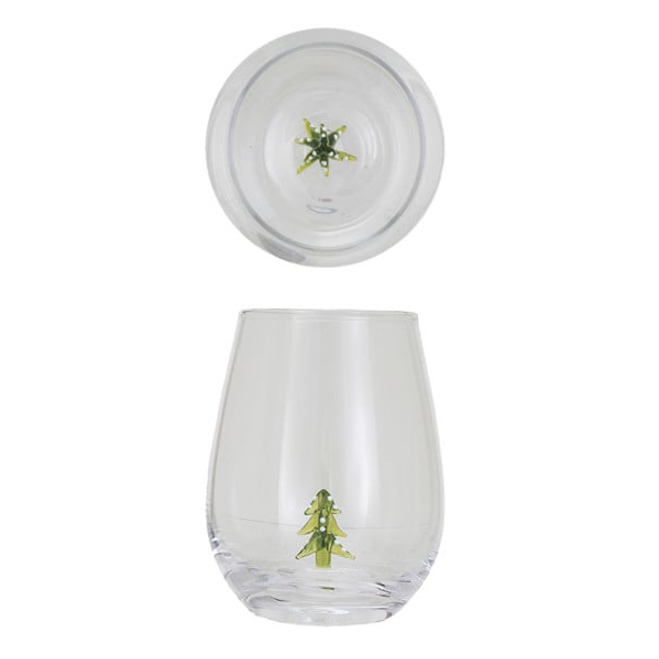 Creative Coop stemless wine glass featuring a miniature glass Tree figure inside.