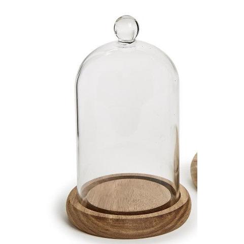 Cloche with Ball Handle and Wood Base - Acacia Wood/Glass