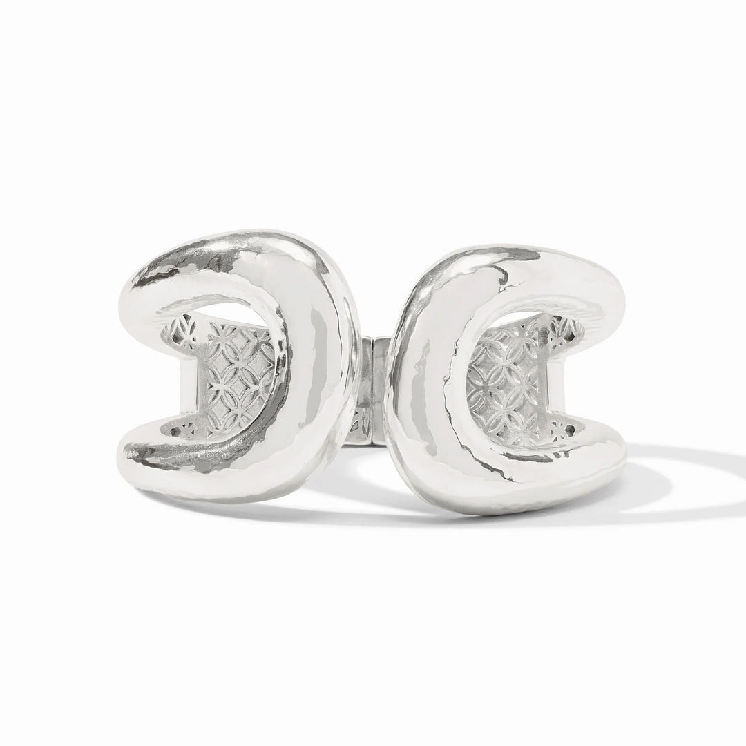 Julie Vos Solara Cuff in silver; wide architectural hinged cuff bracelet with a polished silver finish.