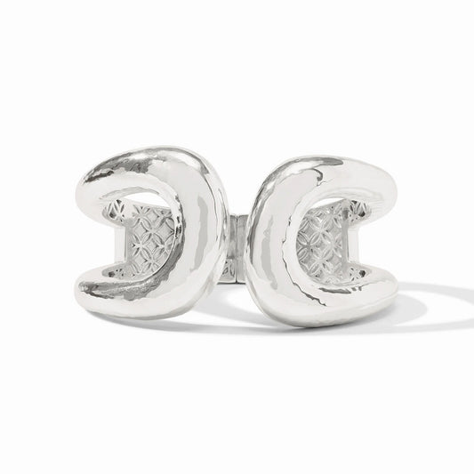 Julie Vos Solara Cuff in silver; wide architectural hinged cuff bracelet with a polished silver finish.