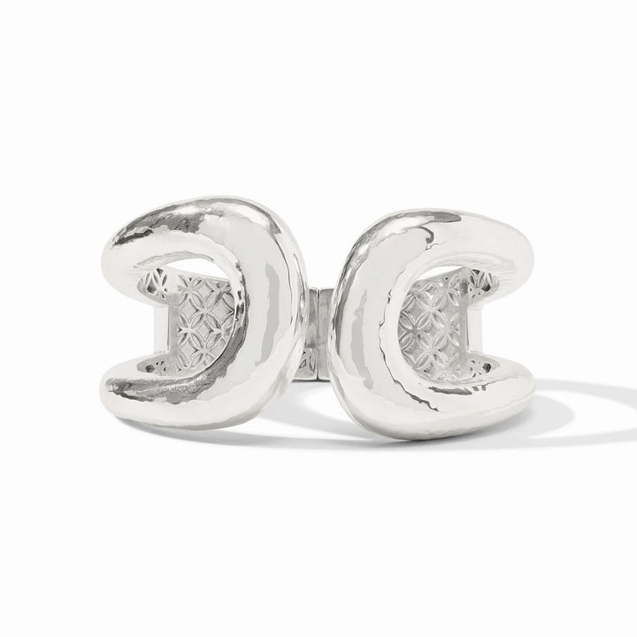Julie Vos Solara Cuff in silver; wide architectural hinged cuff bracelet with a polished silver finish.