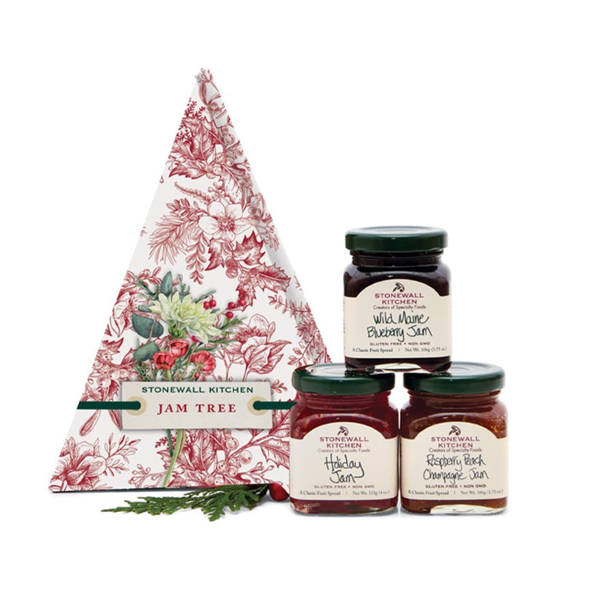 Stonewall Kitchen Holiday 2026 Jam Tree featuring three signature jams in a festive, giftable holiday box.