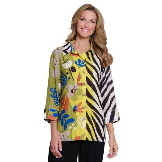 Turn-Up Cuff 3/4 Sleeve Button Front Hi-Lo Shirt - Multi