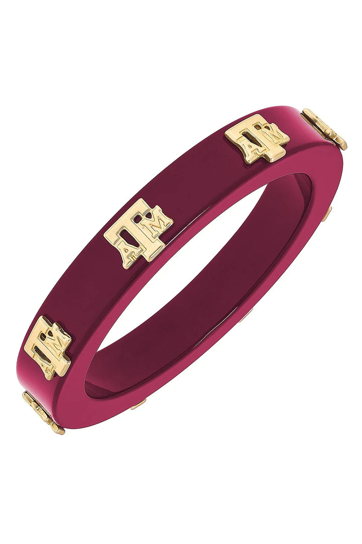 Texas A&amp;M Aggies Resin Logo Bangle bracelet featuring the signature maroon color profile and a worn gold-plated finish.
