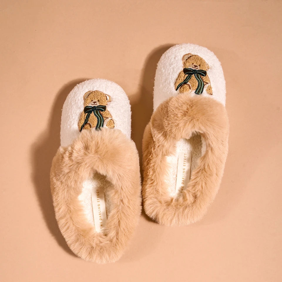 The Darling Effect Dreamy Daze Slippers in Teddy Bear Theo featuring cozy sherpa and a faux-fur collar.