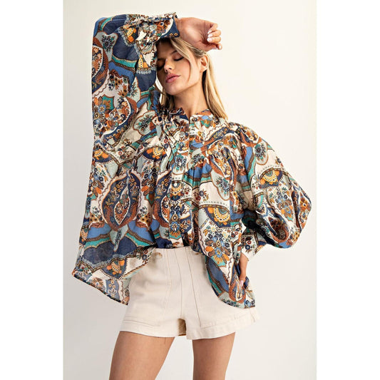 Celeste   Printed Button Down Long Sleeve Top