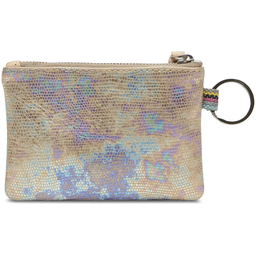 Consuela Gloria Pouch in textured iridescent leather with a natural leather zipper pull and attached keyring.