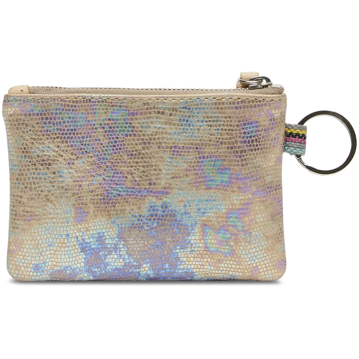 Consuela Gloria Pouch in textured iridescent leather with a natural leather zipper pull and attached keyring.