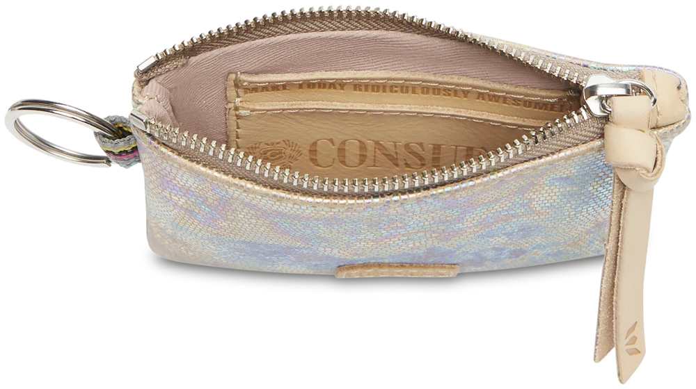 Consuela Gloria Pouch – flat lay view showing zipper closure and keyring