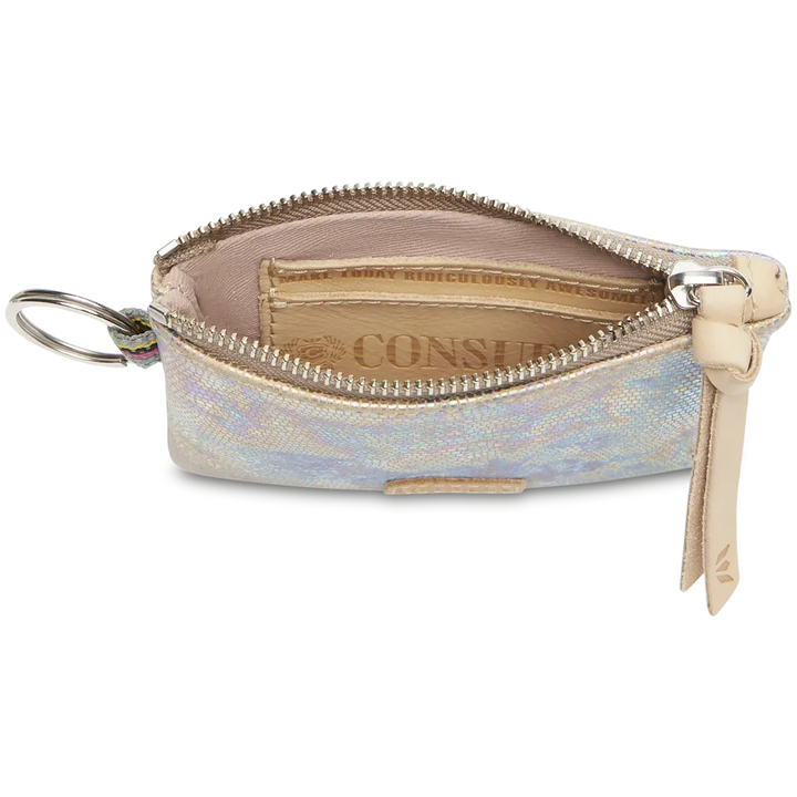 Consuela Gloria Pouch in textured iridescent leather with a natural leather zipper pull and attached keyring.