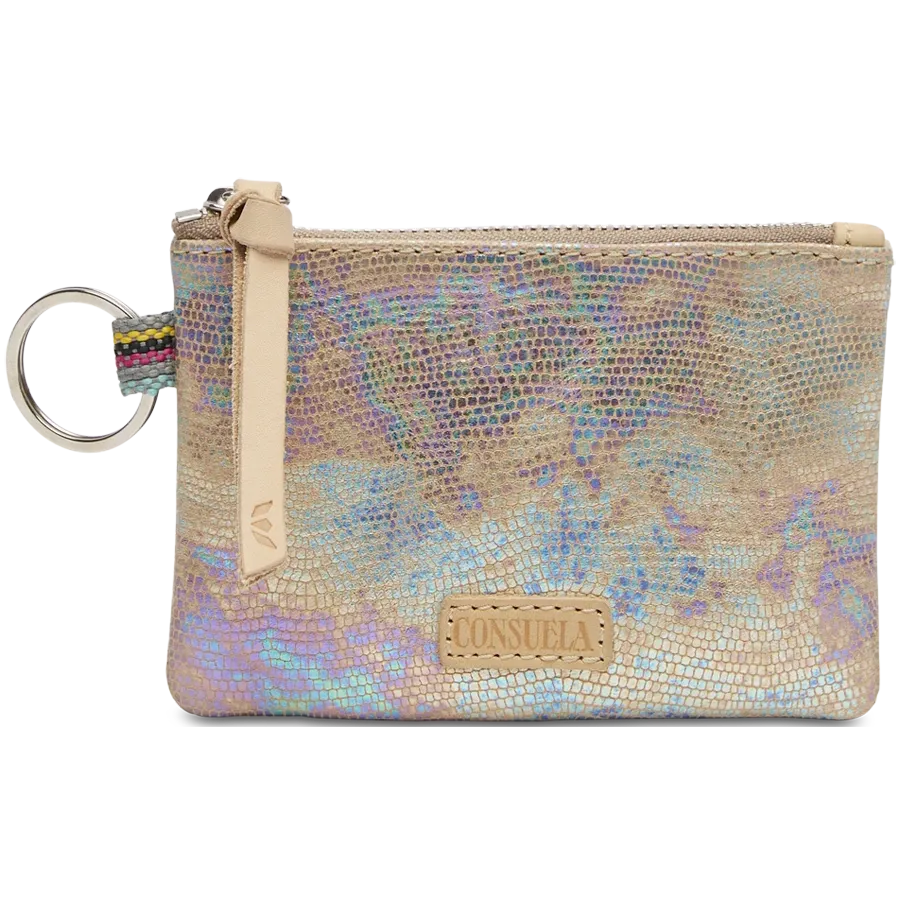 Consuela Gloria Pouch in textured iridescent leather with a natural leather zipper pull and attached keyring.