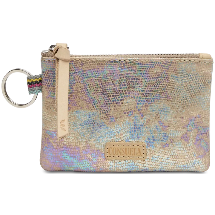 Consuela Gloria Pouch in textured iridescent leather with a natural leather zipper pull and attached keyring.