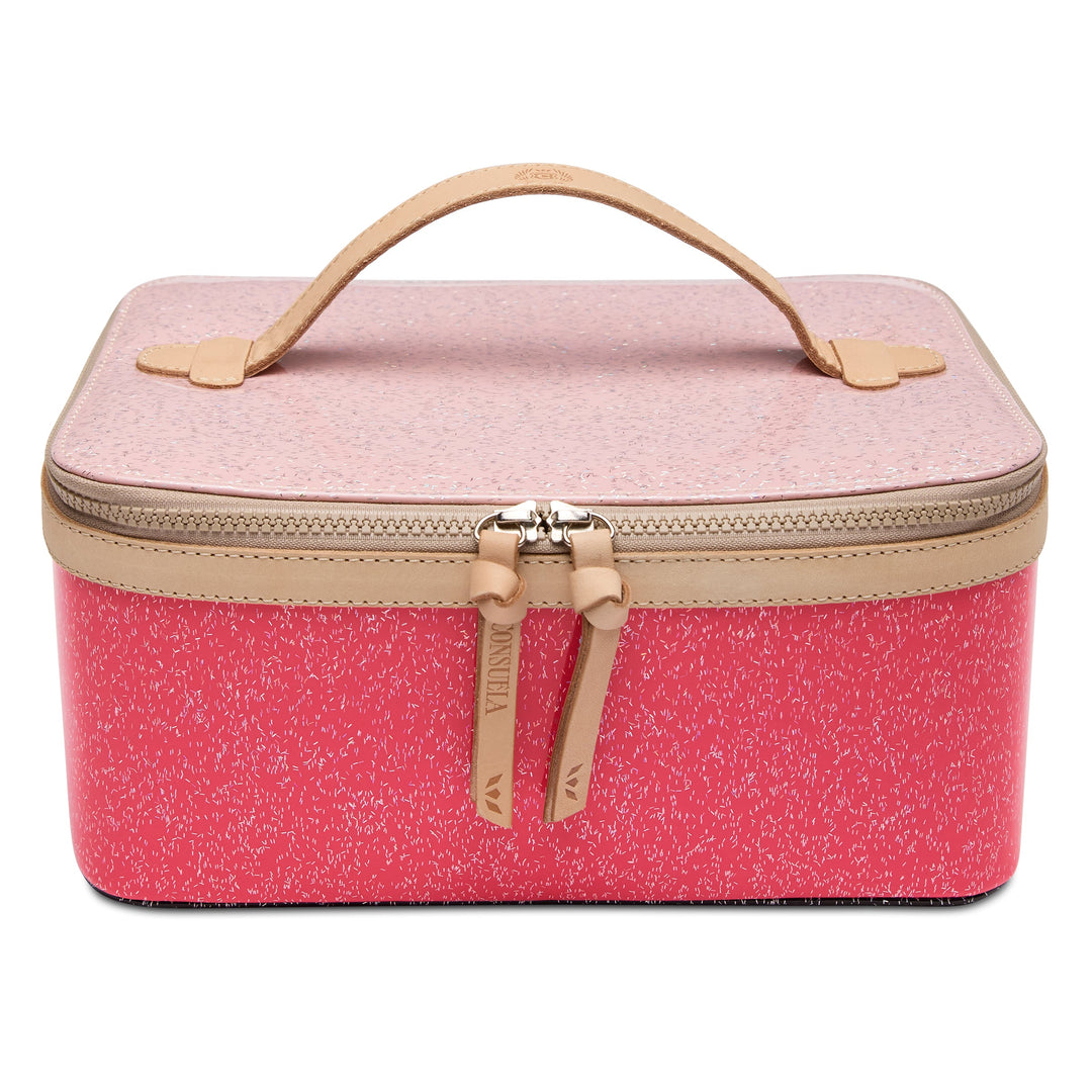 Consuela Bae Train Case featuring a bright multi-colored glitter exterior and natural leather trim.