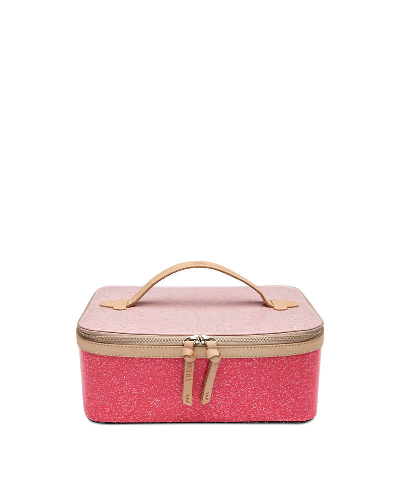 Consuela Bae Train Case featuring a bright multi-colored glitter exterior and natural leather trim.