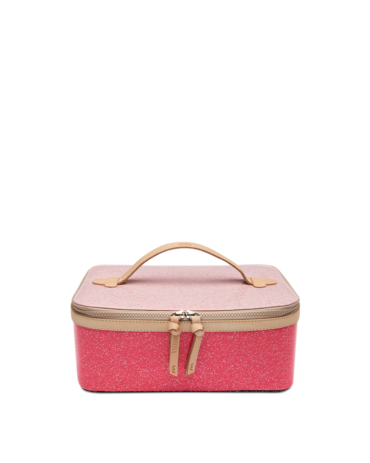 Consuela Bae Train Case featuring a bright multi-colored glitter exterior and natural leather trim.