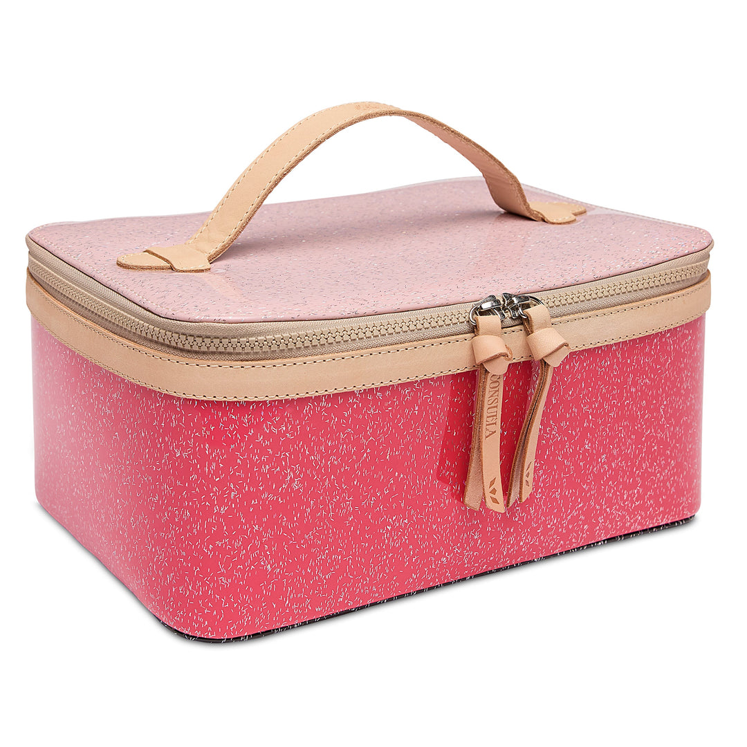 Consuela Bae Train Case featuring a bright multi-colored glitter exterior and natural leather trim.