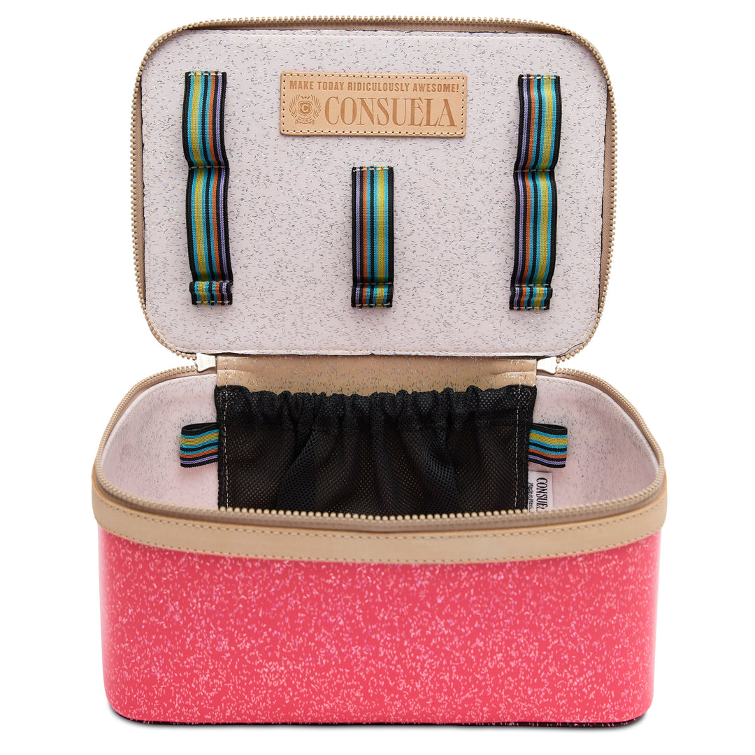 Consuela Bae Train Case featuring a bright multi-colored glitter exterior and natural leather trim.