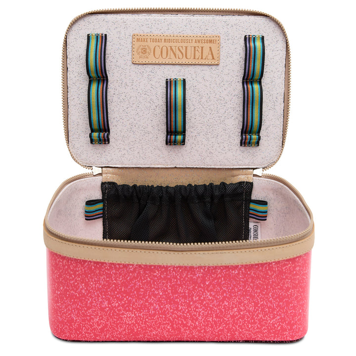 Consuela Bae Train Case featuring a bright multi-colored glitter exterior and natural leather trim.