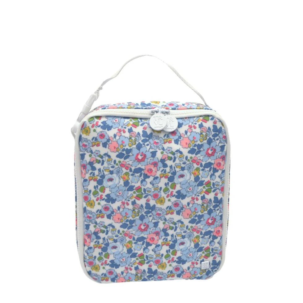 Insulated lunch bag in blue and white Bridgehampton Floral print with a top buckle handle and white chunky zipper.