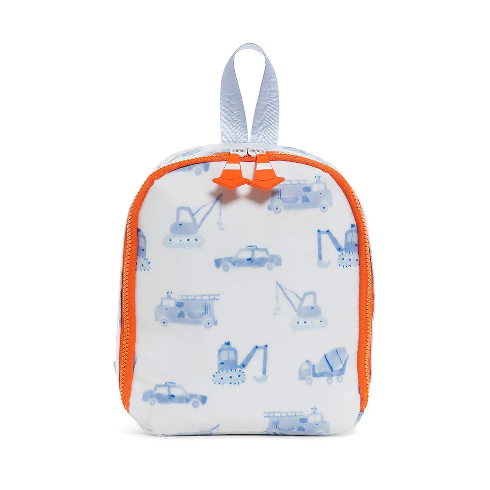 Blue and white construction-themed insulated lunch bag with "Dig It!" print and white chunky zipper.