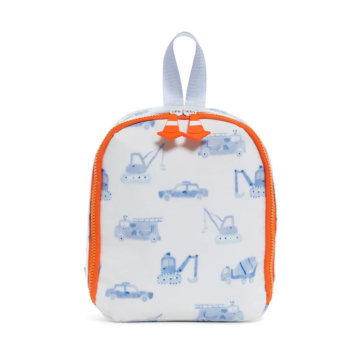 Blue and white construction-themed insulated lunch bag with "Dig It!" print and white chunky zipper.