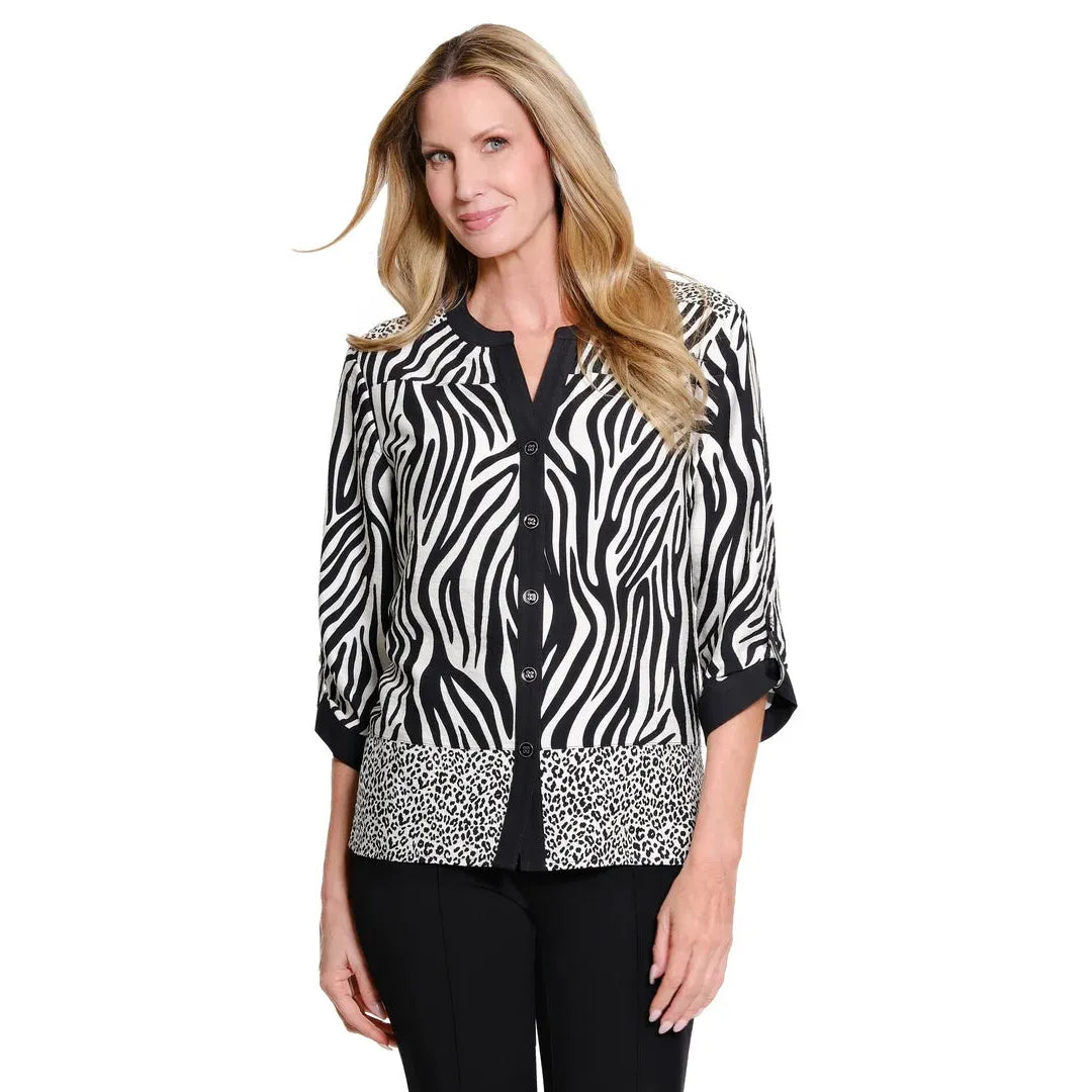 Multiples Tab Sleeve Drop Shoulder Woven Shirt featuring a multi-color print, band collar, and button front.