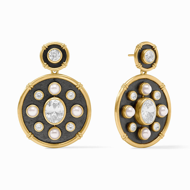 Pair of 24K gold-plated Julie Vos Tribeca Statement Earrings featuring shell pearls and cubic zirconia.