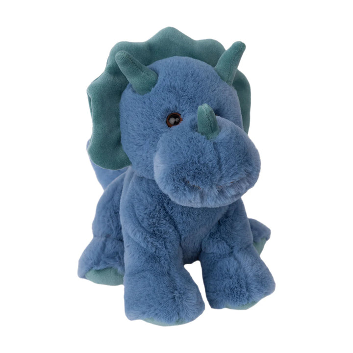 12-inch blue plush triceratops named Tricey with velvet horns and a smiling face.