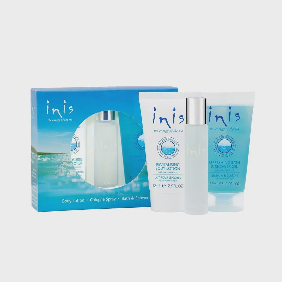 Inis Trio Gift Set featuring three travel-sized products in a coastal-inspired blue and white gift box.