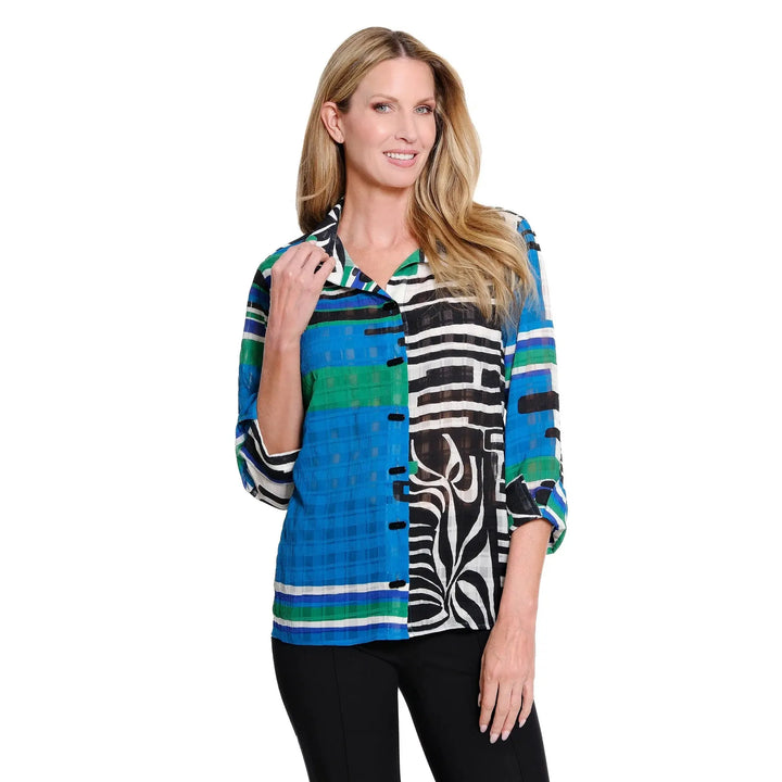 Multiples Turn-Up Cuff 3/4 Sleeve Button Front Hi-Low Woven Shirt | Multi