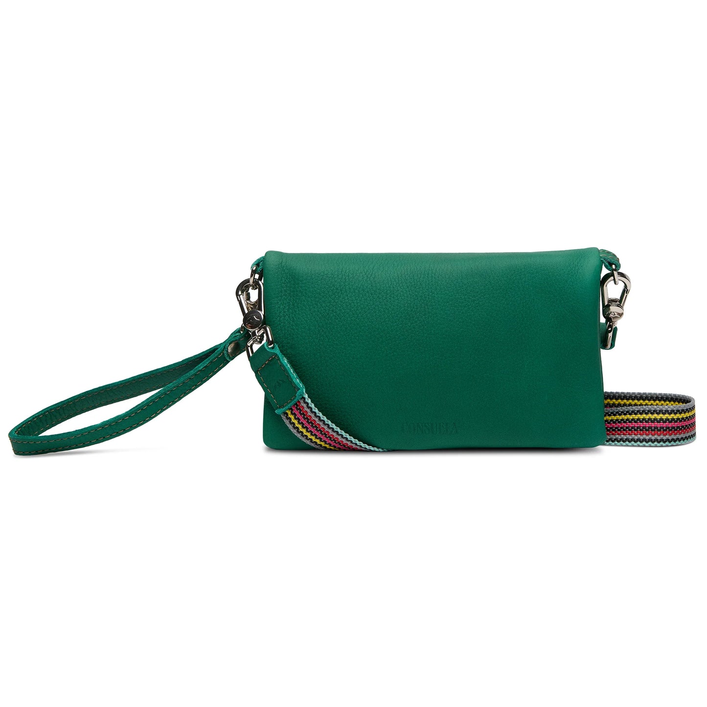 Consuela Teal Uptown Crossbody in green leather with a colorful woven strap and multiple zipper compartments.
