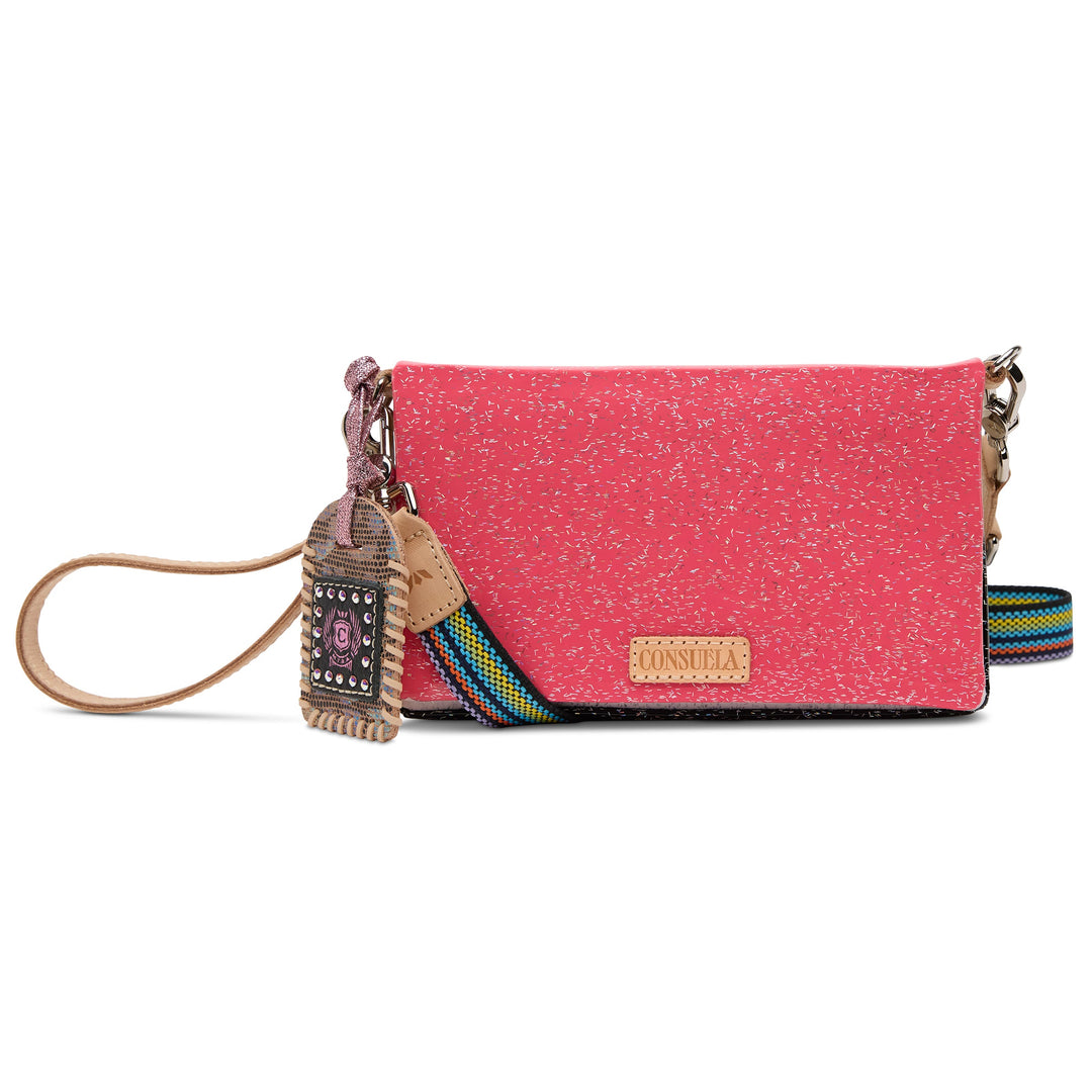 Consuela Bae Uptown Crossbody bag featuring a multi-colored glitter exterior and leather trim.