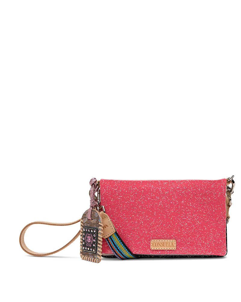 Consuela Bae Uptown Crossbody bag featuring a multi-colored glitter exterior and leather trim.