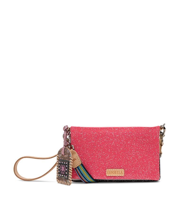 Consuela Bae Uptown Crossbody bag featuring a multi-colored glitter exterior and leather trim.