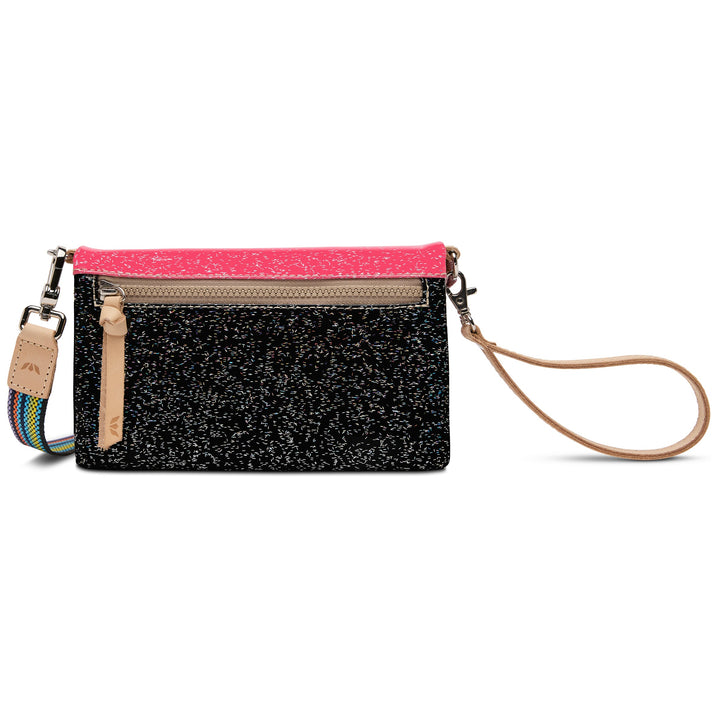 Consuela Bae Uptown Crossbody bag featuring a multi-colored glitter exterior and leather trim.