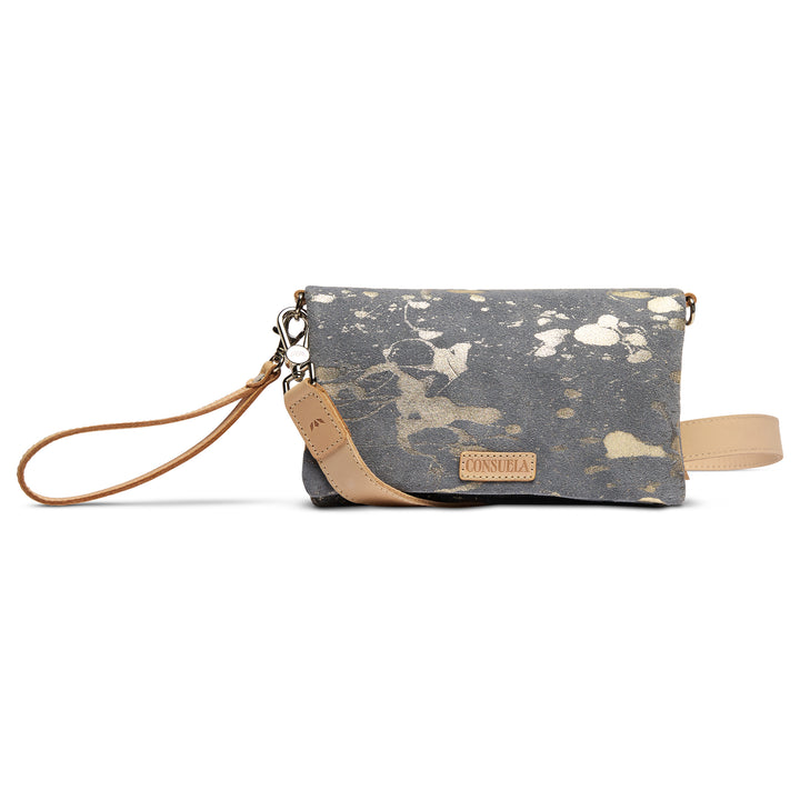 Consuela Jagger Uptown Crossbody in gray canvas with gold accents, front view