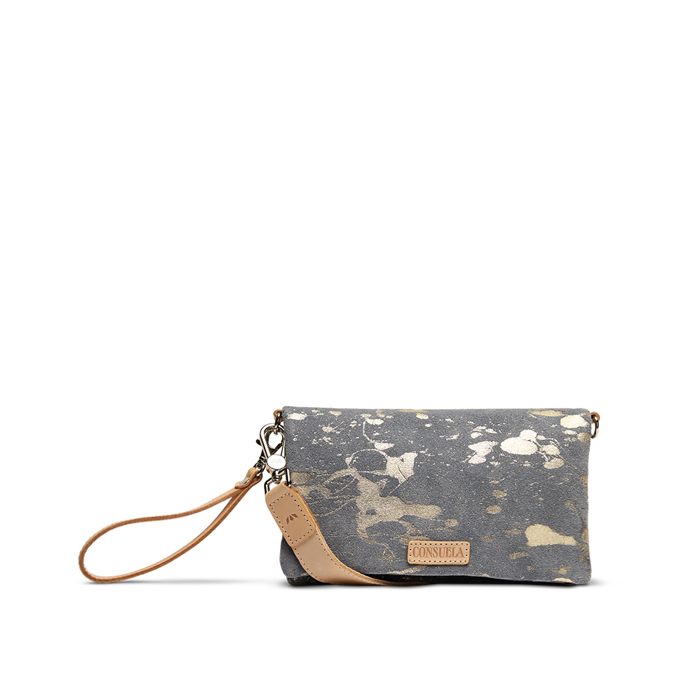 Consuela Jagger gray and gold crossbody purse with leather trim