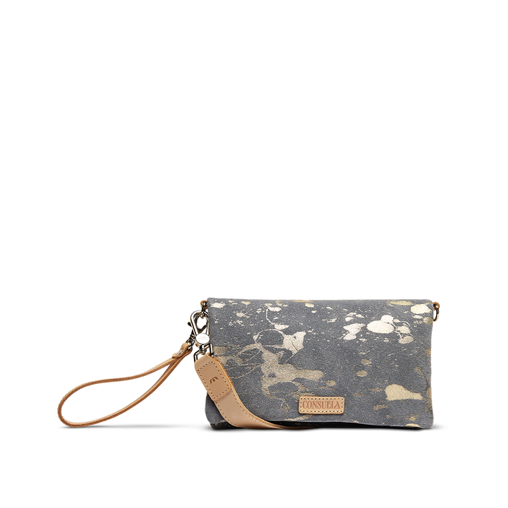 Consuela Jagger gray and gold crossbody purse with leather trim