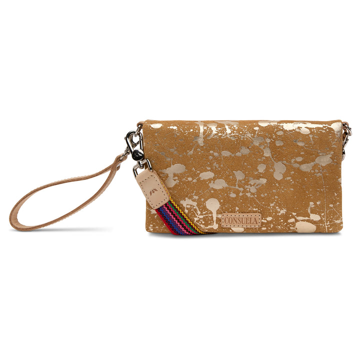 Consuela Marlow Uptown Crossbody bag featuring a metallic hand-splattered leather suede exterior.
