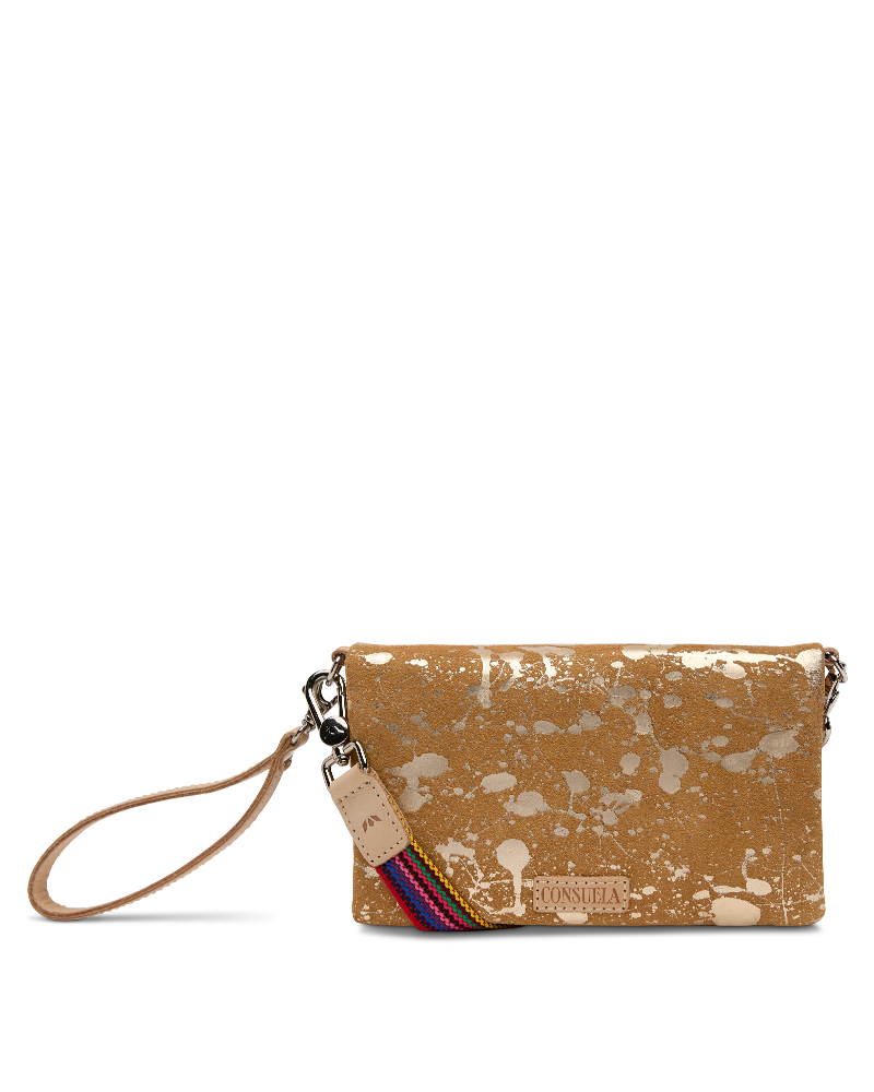 Consuela Marlow Uptown Crossbody bag featuring a metallic hand-splattered leather suede exterior.