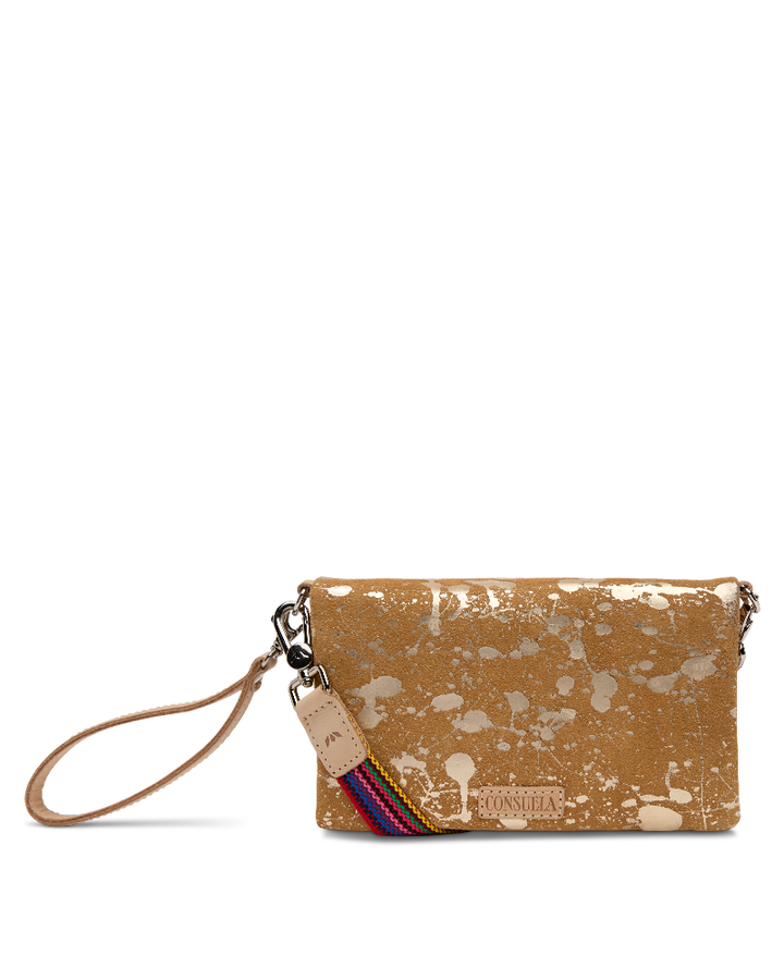 Consuela Marlow Uptown Crossbody bag featuring a metallic hand-splattered leather suede exterior.