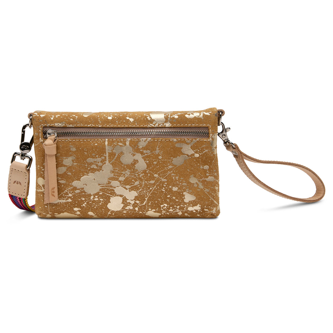 Consuela Marlow Uptown Crossbody bag featuring a metallic hand-splattered leather suede exterior.
