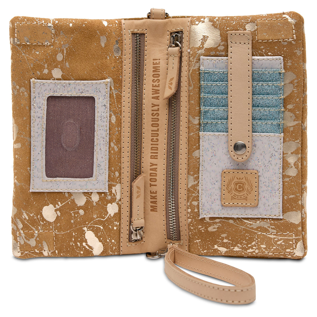 Consuela Marlow Uptown Crossbody bag featuring a metallic hand-splattered leather suede exterior.