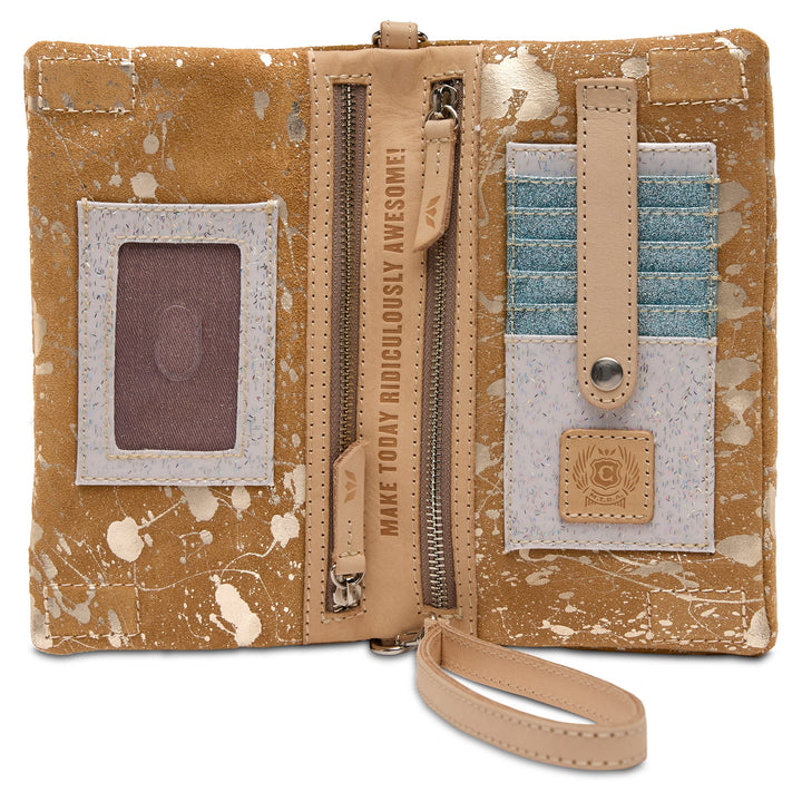 Consuela Marlow Uptown Crossbody bag featuring a metallic hand-splattered leather suede exterior.