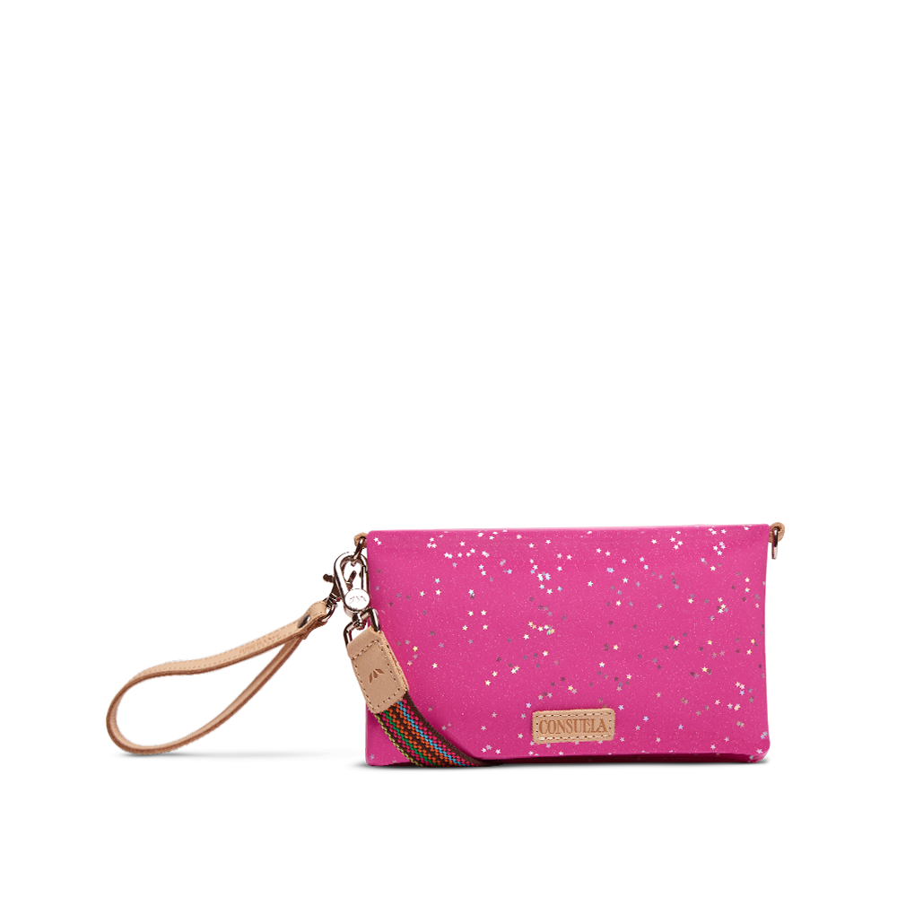 Consuela Berry Uptown Crossbody with pink star wallet crossbody shown with wristlet and adjustable rainbow strap