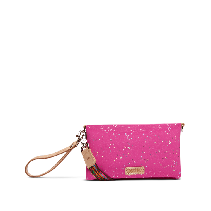 Consuela Berry Uptown Crossbody with pink star wallet crossbody shown with wristlet and adjustable rainbow strap
