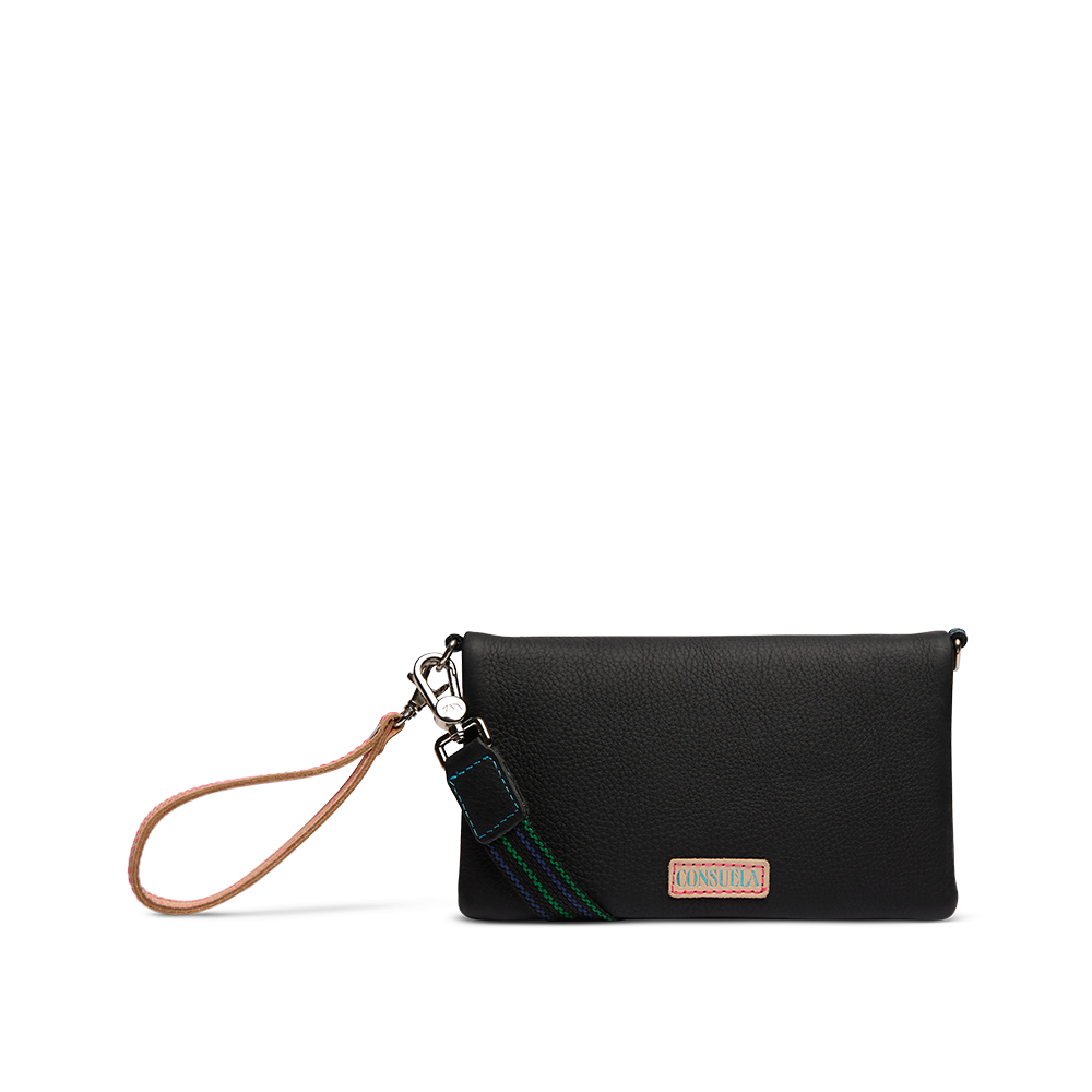 Consuela Cyndi Uptown Crossbody black leather wallet crossbody shown with tan leather wristlet and adjustable woven strap