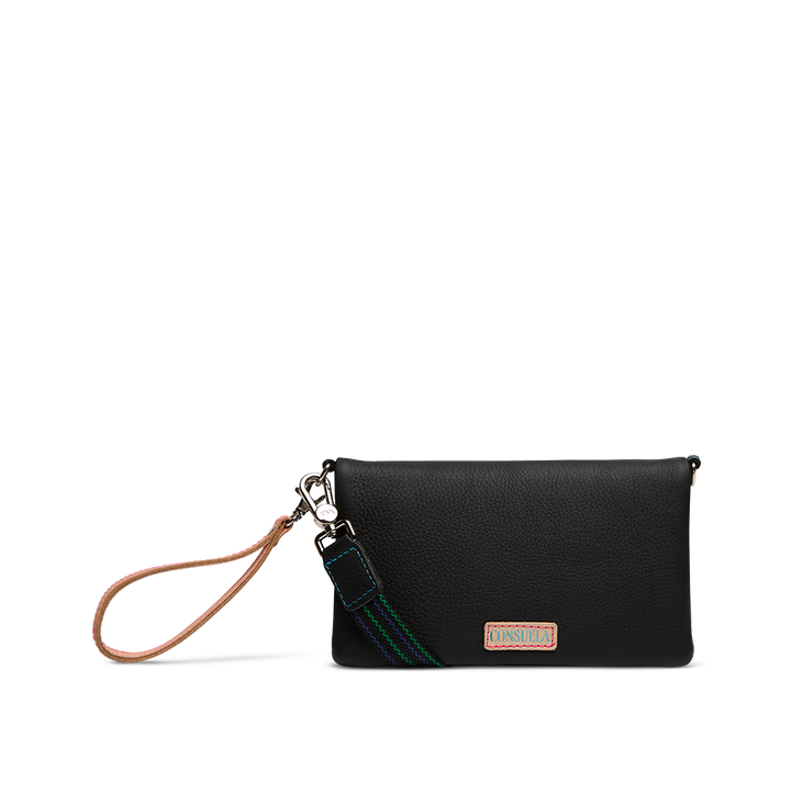 Consuela Cyndi Uptown Crossbody black leather wallet crossbody shown with tan leather wristlet and adjustable woven strap