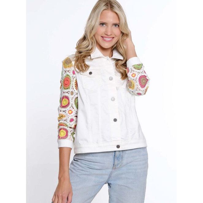 Cuffed Long Sleeve 2 Pocket Button Front Jean Jacket - White